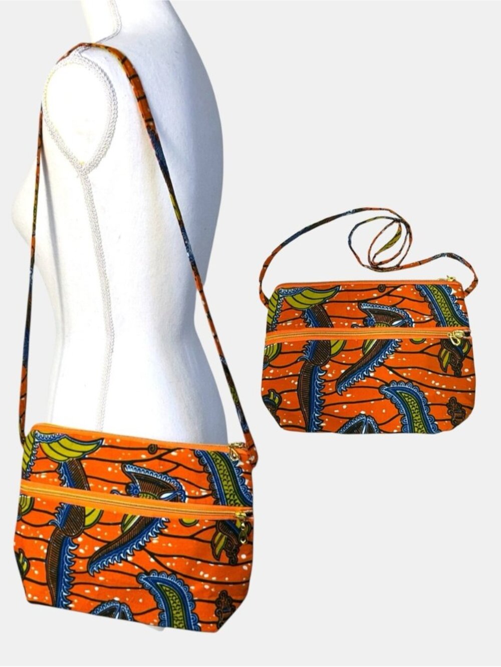 African Print Shoulder Bag Handmade 100% Cotton Orange Multi Aya Fair Trade